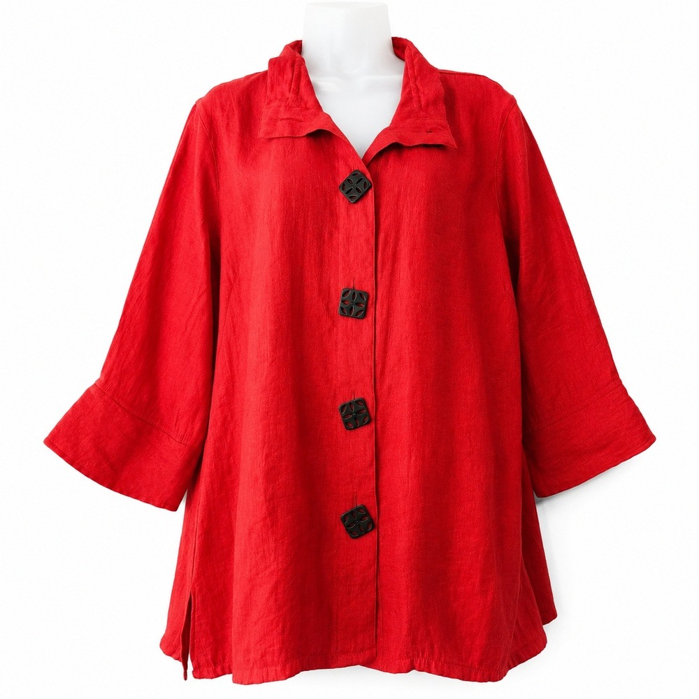Ali Miles Button Up Top Women L Red Textured Lagenlook Coastal Office Boho Artsy